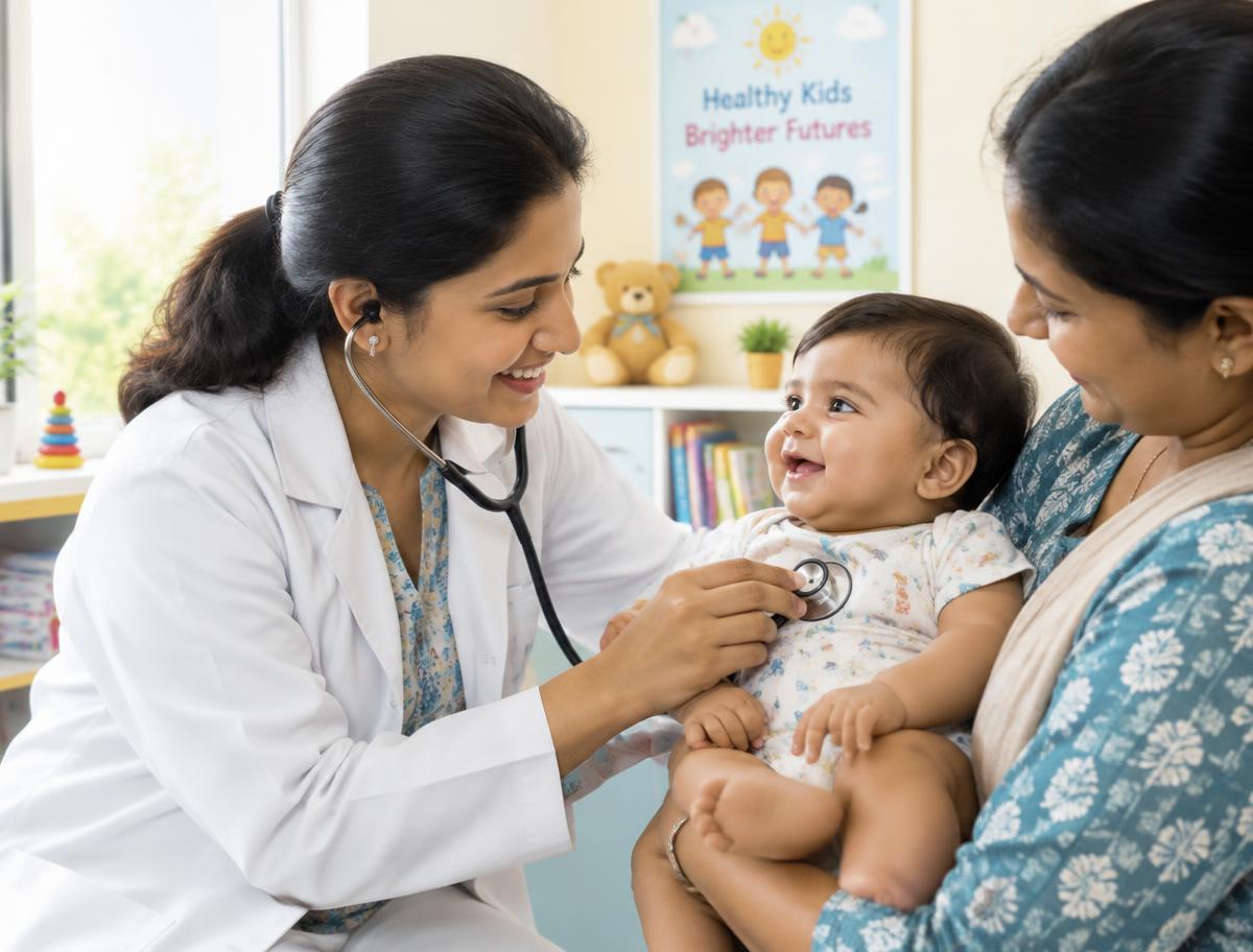Doctor gently examining a smiling baby