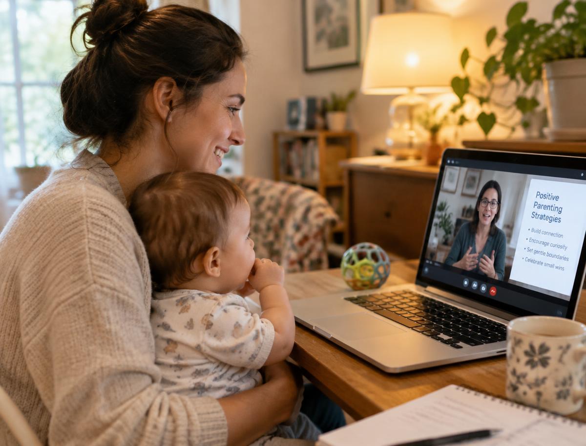 Mother attending an online parenting session